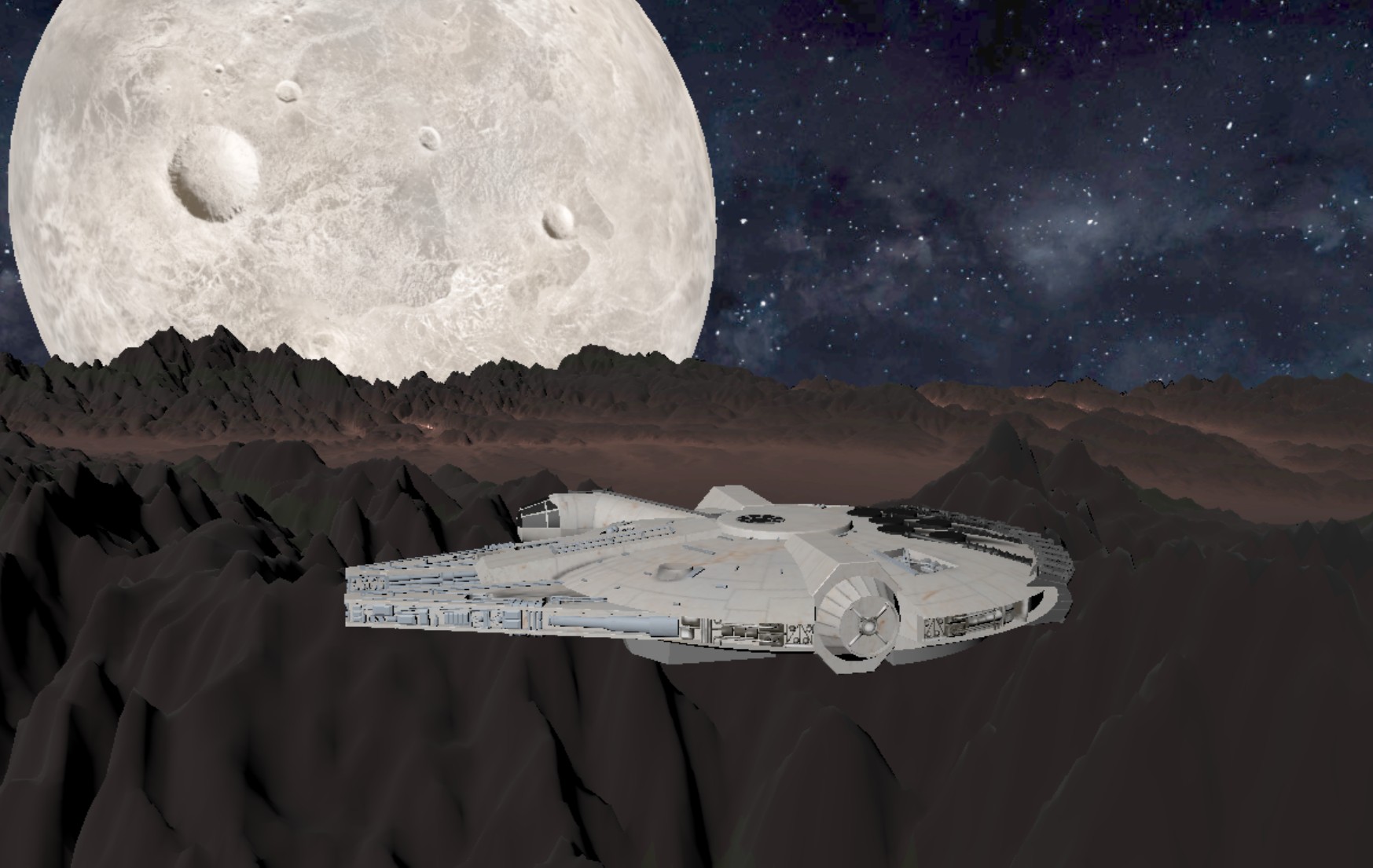 The mellenium falcon over a planet with moon in background